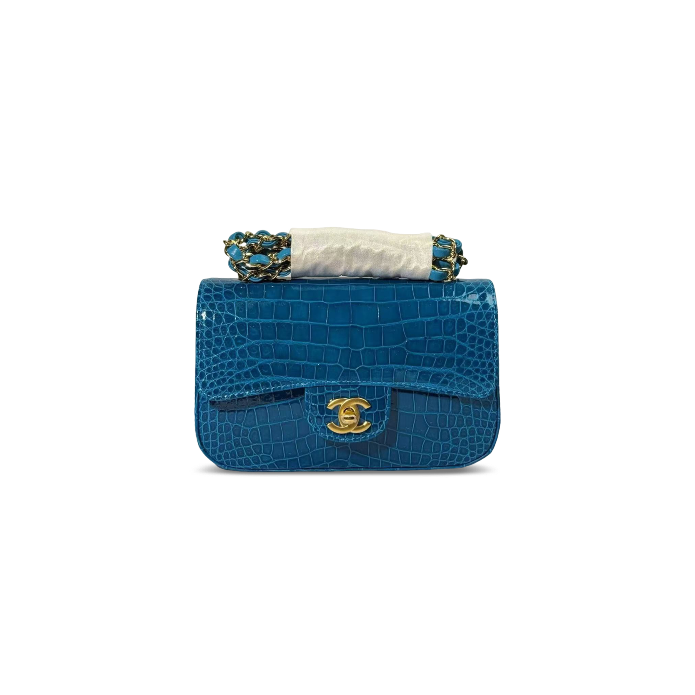 CHANEL MASTER MINI SHINY BLUE ALLIGATOR CLASSIC FLAP BAG (20*12*6cm)